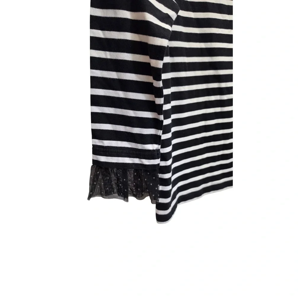 J Crew Womens XS Black White Breton Striped Boatneck Top Tulle Ruffle Cuff